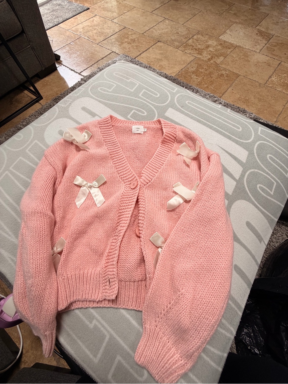 Women's Pink Knit Cardigan with Satin Bow Details